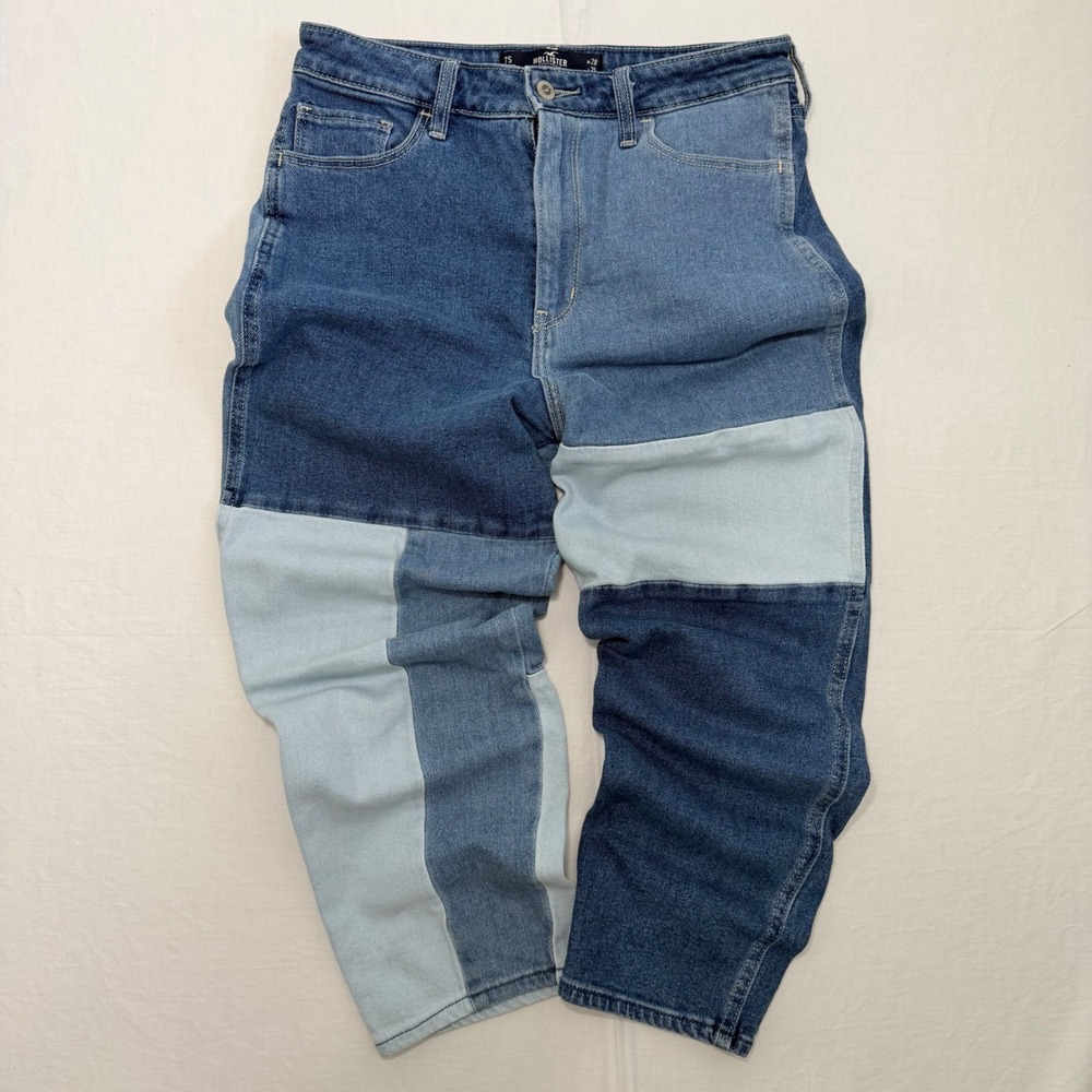 Hollister Ultra High-Rise Mom Jeans Womens 7S Blue‎ Patchwork Colorblock